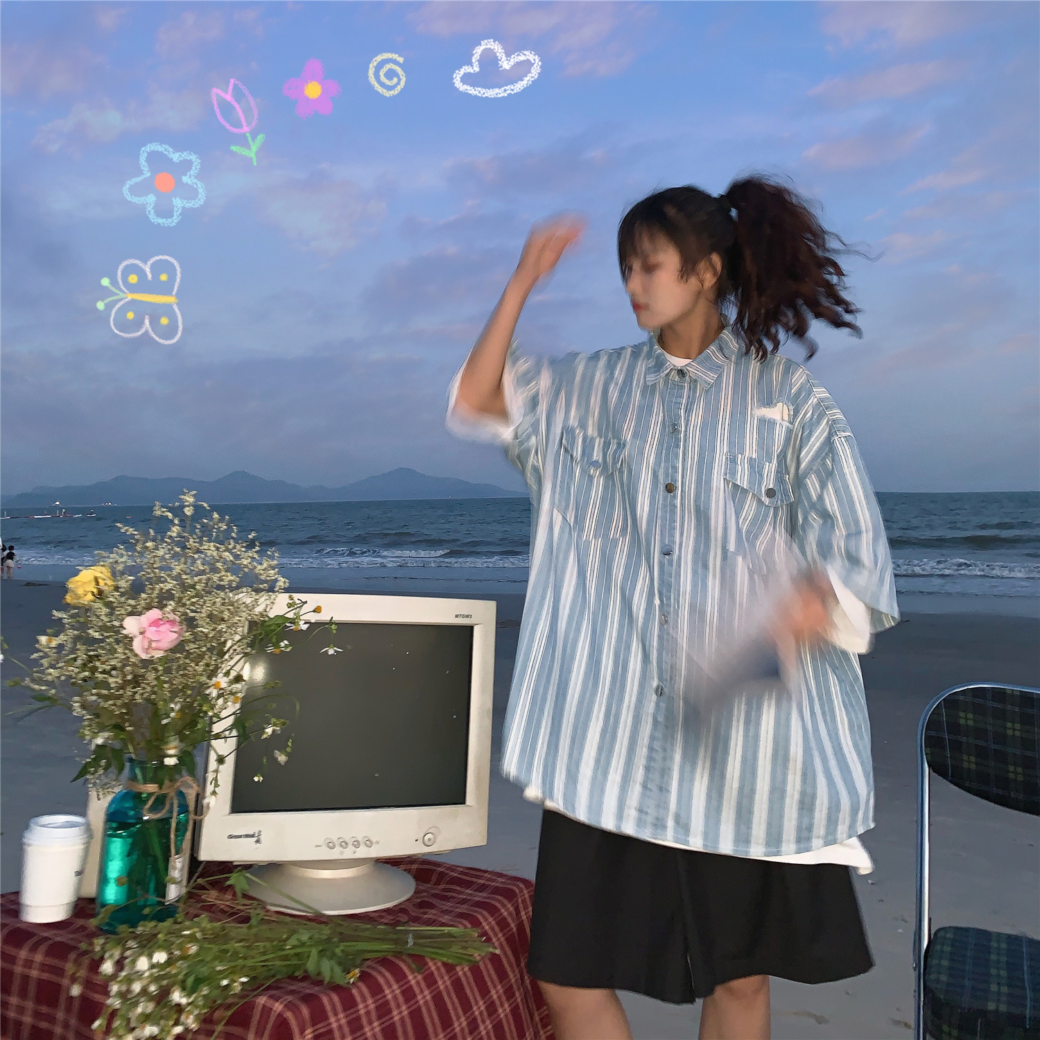 Retro Striped Denim Top - Handmade Loose Fit Shirt with Ripped Short Sleeves, Summer Hong Kong Style, Trendy 90s Vibe Retro Striped Denim Top - Handmade Loose Fit Shirt with Ripped Short Sleeves, Summer Hong Kong Style, Trendy 90s Vibe