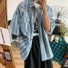 Retro Striped Denim Top - Handmade Loose Fit Shirt with Ripped Short Sleeves, Summer Hong Kong Style, Trendy 90s Vibe