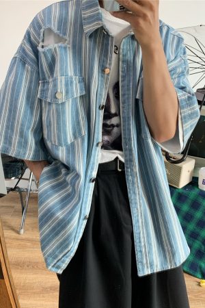 Retro Striped Denim Top - Handmade Loose Fit Shirt with Ripped Short Sleeves, Summer Hong Kong Style, Trendy 90s Vibe