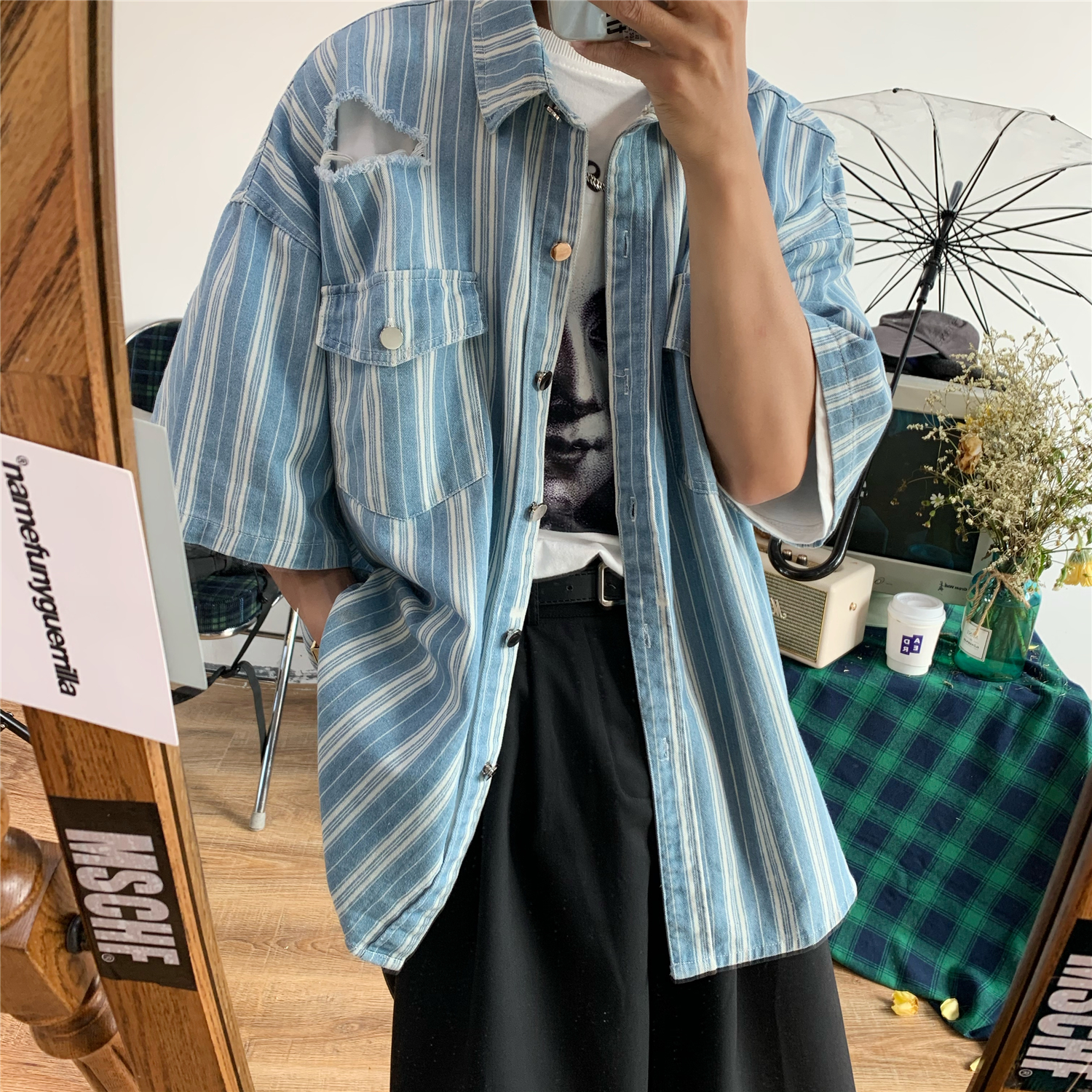 Retro Striped Denim Top - Handmade Loose Fit Shirt with Ripped Short Sleeves, Summer Hong Kong Style, Trendy 90s Vibe Retro Striped Denim Top - Handmade Loose Fit Shirt with Ripped Short Sleeves, Summer Hong Kong Style, Trendy 90s Vibe