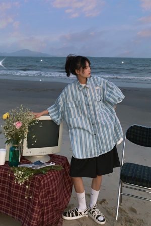 Retro Striped Denim Top - Handmade Loose Fit Shirt with Ripped Short Sleeves, Summer Hong Kong Style, Trendy 90s Vibe
