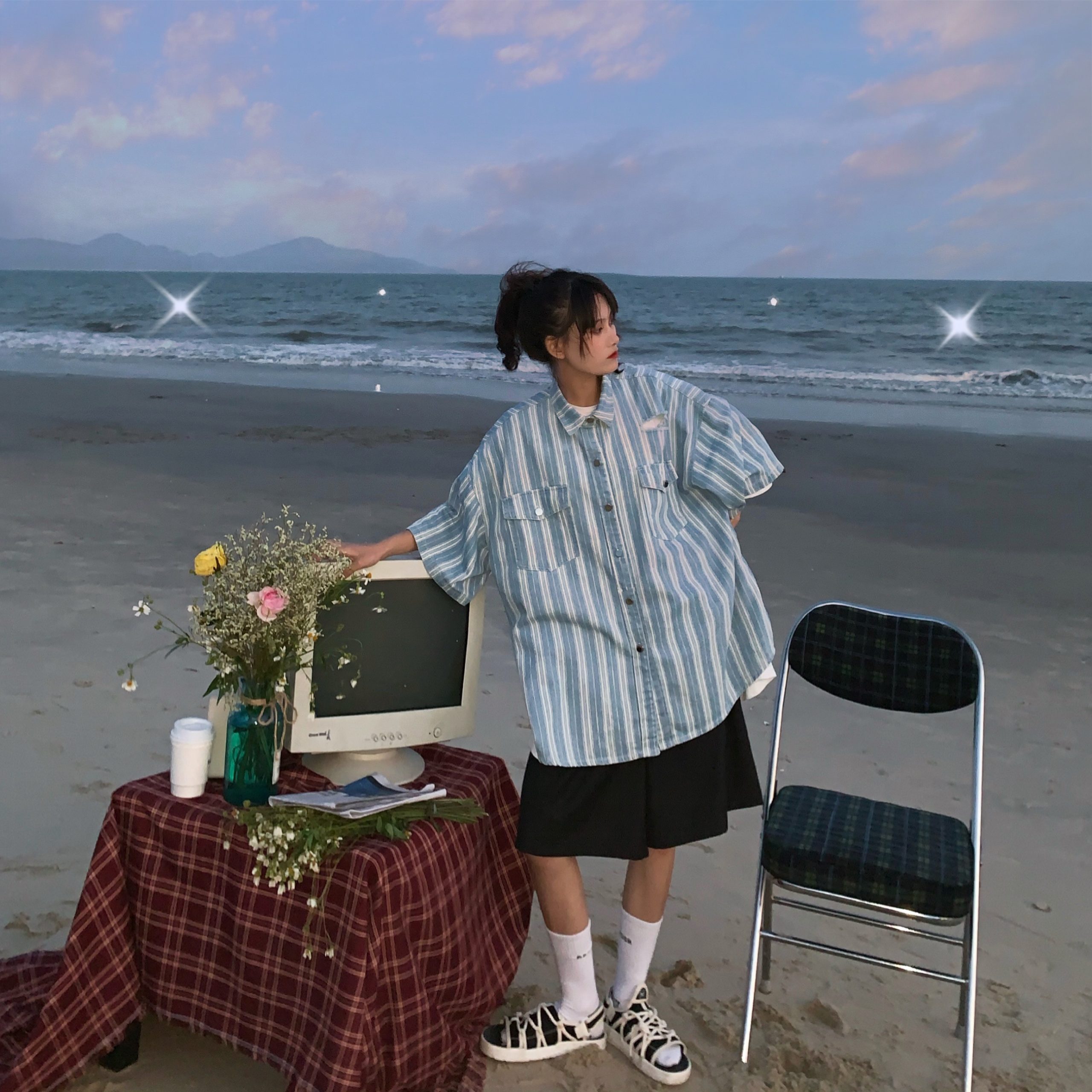 Retro Striped Denim Top - Handmade Loose Fit Shirt with Ripped Short Sleeves, Summer Hong Kong Style, Trendy 90s Vibe Retro Striped Denim Top - Handmade Loose Fit Shirt with Ripped Short Sleeves, Summer Hong Kong Style, Trendy 90s Vibe