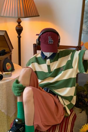 Retro Striped Polo Shirt with Denim Collar - Loose Fit, Short Sleeve, Versatile College Style, Trendy 90s-Inspired Top