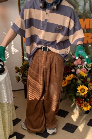 Retro Striped Polo Shirt with Denim Collar - Loose Fit, Short Sleeve, Versatile College Style, Trendy 90s-Inspired Top