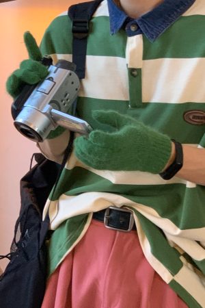 Retro Striped Polo Shirt with Denim Collar - Loose Fit, Short Sleeve, Versatile College Style, Trendy 90s-Inspired Top