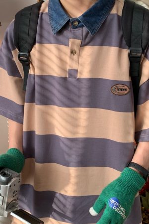 Retro Striped Polo Shirt with Denim Collar - Loose Fit, Short Sleeve, Versatile College Style, Trendy 90s-Inspired Top