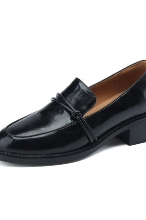 Retro-Style Chunky Heel Loafers for Women - Round Toe, Slip-On, Genuine Leather Flats, Italian Inspired Fashion