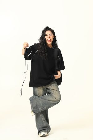 Retro Suede Double Zipper Short Sleeve T-Shirt for Men and Women - High Street Loose Fit Couple Tee, Y2K Style