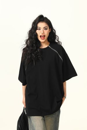 Retro Suede Double Zipper Short Sleeve T-Shirt for Men and Women - High Street Loose Fit Couple Tee, Y2K Style