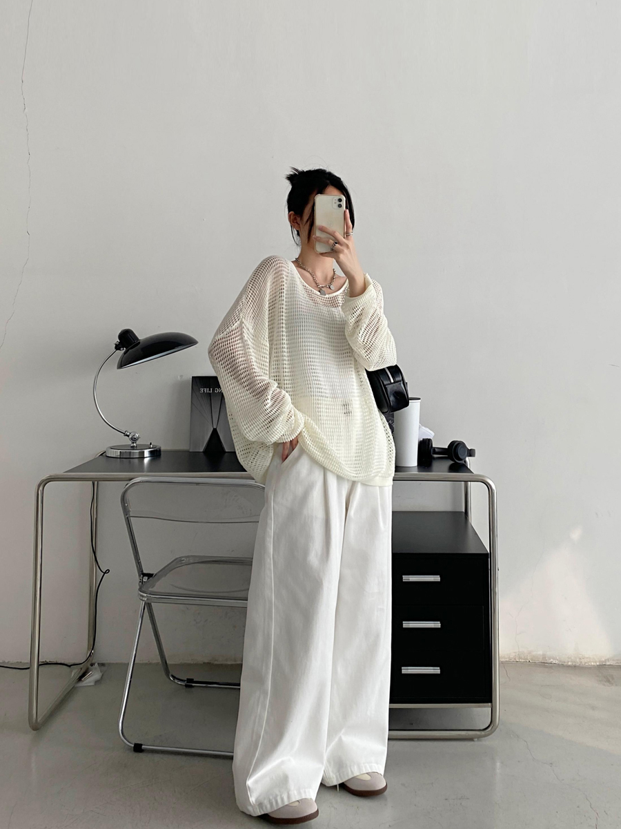 Retro Sun Grapefruit Loose-Fitting Knitted Cover-Up Sweater - Hollow-Out Summer Pullover for Sun Protection, Versatile Style Retro Sun Grapefruit Loose-Fitting Knitted Cover-Up Sweater - Hollow-Out Summer Pullover for Sun Protection, Versatile Style