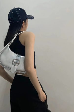 Retro Textured Silver Motorcycle Saddle Bag for Women - 2025 New Model, Fashionable Underarm Crossbody Design