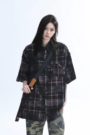 Retro Tie-Dye Plaid Short Sleeve Shirt for Women - Casual Summer Style, American High Street Trend