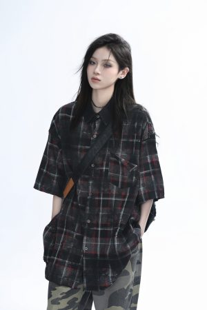 Retro Tie-Dye Plaid Short Sleeve Shirt for Women - Casual Summer Style, American High Street Trend