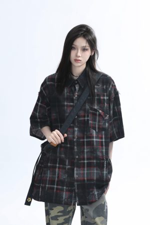 Retro Tie-Dye Plaid Short Sleeve Shirt for Women - Casual Summer Style, American High Street Trend