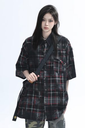 Retro Tie-Dye Plaid Short Sleeve Shirt for Women - Casual Summer Style, American High Street Trend