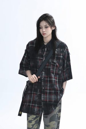 Retro Tie-Dye Plaid Short Sleeve Shirt for Women - Casual Summer Style, American High Street Trend