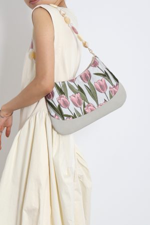 Retro Tulip Flower Underarm Bag for Women, Textured Jacquard Crossbody, Versatile Vacation Style, Niche Design