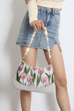 Retro Tulip Flower Underarm Bag for Women, Textured Jacquard Crossbody, Versatile Vacation Style, Niche Design