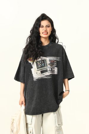 Retro TV Print Unisex Short-Sleeve T-Shirt - Vintage American Style Loose Fit Couple Tee