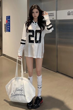 Retro V-Neck Long Sleeve T-Shirt for Women, Spring Rugby Jersey, Loose Fit Sports Top, 90s Inspired Fashion