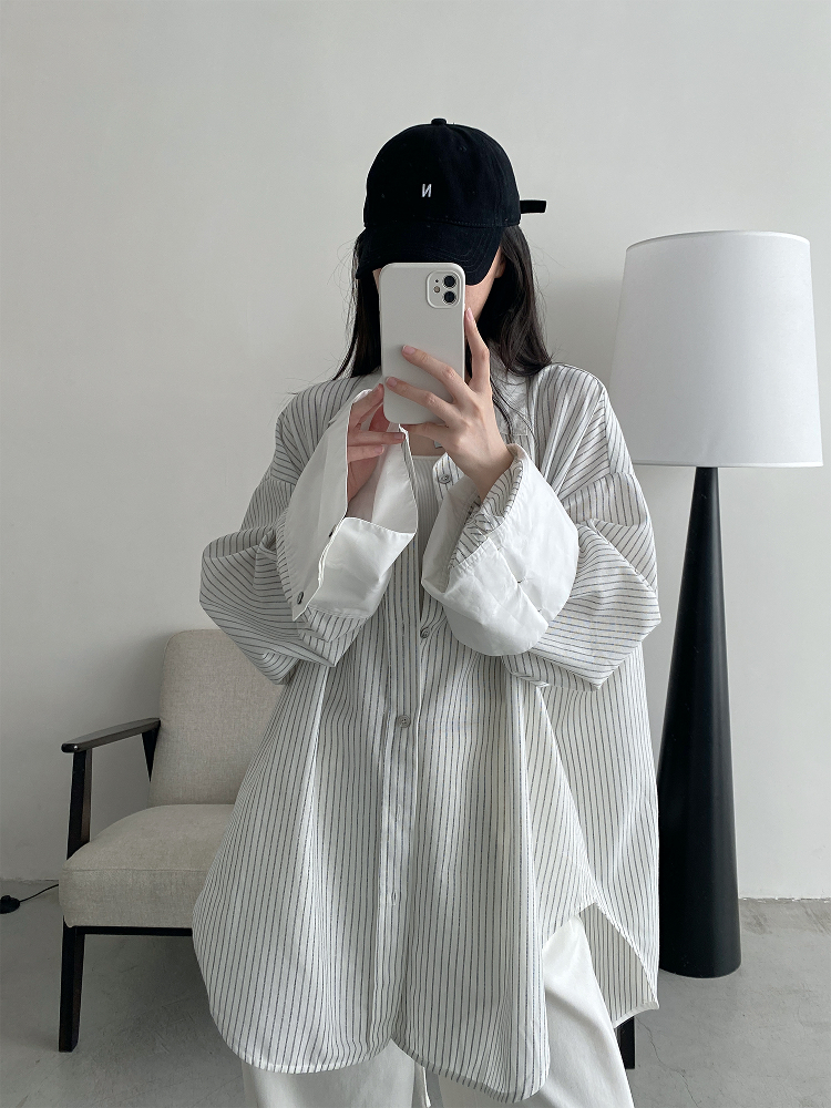 Retro Vertical Striped Big Sleeve Shirt in Sun Grapefruit Tone - Women's Spliced Long Sleeve Cotton-Linen Top Retro Vertical Striped Big Sleeve Shirt in Sun Grapefruit Tone - Women's Spliced Long Sleeve Cotton-Linen Top