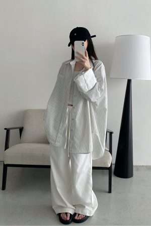 Retro Vertical Striped Big Sleeve Shirt in Sun Grapefruit Tone - Women's Spliced Long Sleeve Cotton-Linen Top