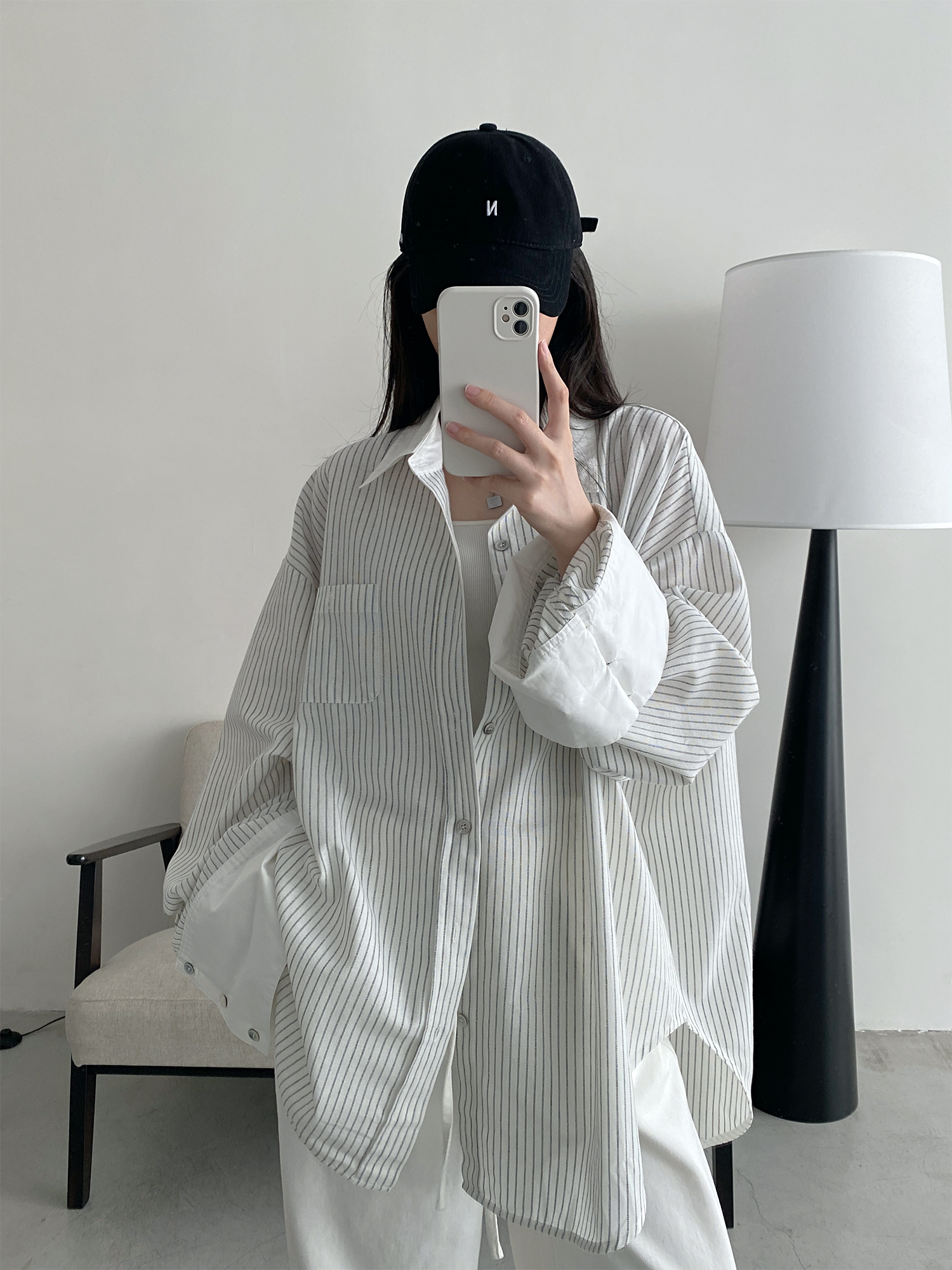 Retro Vertical Striped Big Sleeve Shirt in Sun Grapefruit Tone - Women's Spliced Long Sleeve Cotton-Linen Top Retro Vertical Striped Big Sleeve Shirt in Sun Grapefruit Tone - Women's Spliced Long Sleeve Cotton-Linen Top