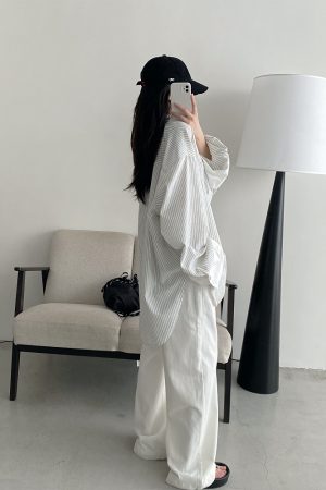 Retro Vertical Striped Big Sleeve Shirt in Sun Grapefruit Tone - Women's Spliced Long Sleeve Cotton-Linen Top