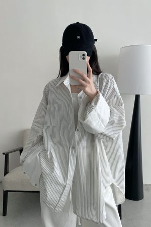 Retro Vertical Striped Big Sleeve Shirt in Sun Grapefruit Tone - Women's Spliced Long Sleeve Cotton-Linen Top