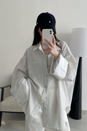 Retro Vertical Striped Big Sleeve Shirt in Sun Grapefruit Tone - Women's Spliced Long Sleeve Cotton-Linen Top