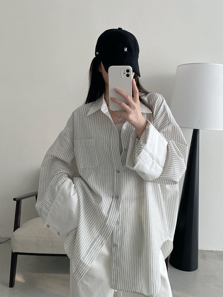 Retro Vertical Striped Big Sleeve Shirt in Sun Grapefruit Tone - Women's Spliced Long Sleeve Cotton-Linen Top Retro Vertical Striped Big Sleeve Shirt in Sun Grapefruit Tone - Women's Spliced Long Sleeve Cotton-Linen Top