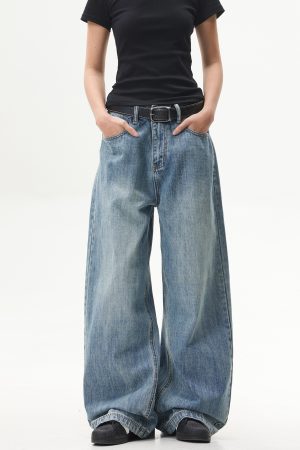 Retro Washed Blue Straight-Leg Jeans for Unisex - American Streetwear Wide-Leg Long Pants in 90s Style