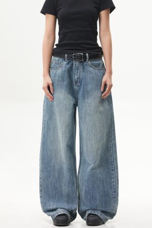 Retro Washed Blue Straight-Leg Jeans for Unisex - American Streetwear Wide-Leg Long Pants in 90s Style