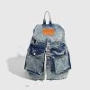 Retro Washed Denim Backpack with Double Pockets and Drawstring, Fashionable Large-Capacity Student Bag for Y2K Style