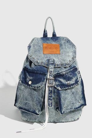 Retro Washed Denim Backpack with Double Pockets and Drawstring, Fashionable Large-Capacity Student Bag for Y2K Style