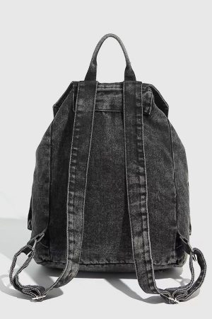 Retro Washed Denim Backpack with Double Pockets and Drawstring, Fashionable Large-Capacity Student Bag for Y2K Style