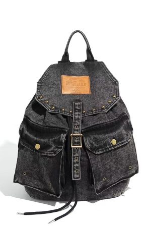 Retro Washed Denim Backpack with Double Pockets and Drawstring, Fashionable Large-Capacity Student Bag for Y2K Style