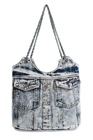Retro Washed Denim Chain Bag - Fashionable Versatile Button Shoulder Crossbody with Large Capacity for Spicy Girl Style