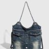 Retro Washed Denim Chain Bag - Fashionable Versatile Button Shoulder Crossbody with Large Capacity for Spicy Girl Style