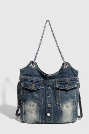 Retro Washed Denim Chain Bag - Fashionable Versatile Button Shoulder Crossbody with Large Capacity for Spicy Girl Style
