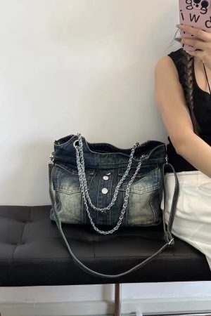 Retro Washed Denim Chain Bag - Fashionable Versatile Button Shoulder Crossbody with Large Capacity for Spicy Girl Style