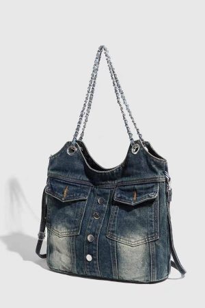 Retro Washed Denim Chain Bag - Fashionable Versatile Button Shoulder Crossbody with Large Capacity for Spicy Girl Style