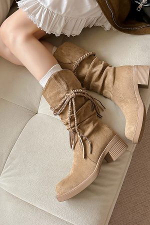 Retro Wasteland Style Cowhide Fringe Knight Boots with Chunky Heels - Over-the-Knee Slouchy Mid-Calf Boots for Women