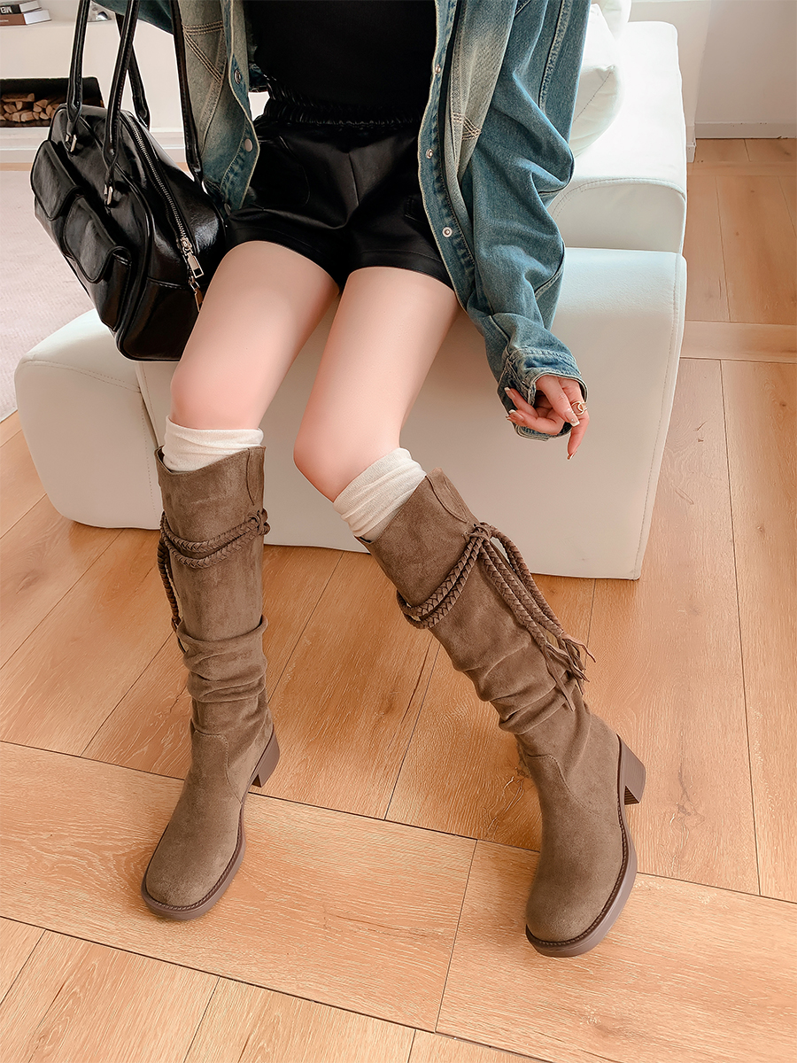 Retro Wasteland Style Cowhide Fringe Knight Boots with Chunky Heels - Over-the-Knee Slouchy Mid-Calf Boots for Women Retro Wasteland Style Cowhide Fringe Knight Boots with Chunky Heels - Over-the-Knee Slouchy Mid-Calf Boots for Women