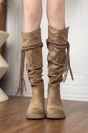 Retro Wasteland Style Cowhide Fringe Knight Boots with Chunky Heels - Over-the-Knee Slouchy Mid-Calf Boots for Women