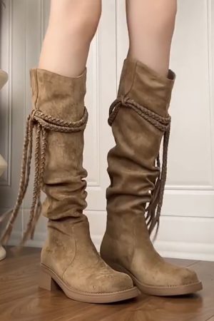 Retro Wasteland Style Cowhide Fringe Knight Boots with Chunky Heels - Over-the-Knee Slouchy Mid-Calf Boots for Women