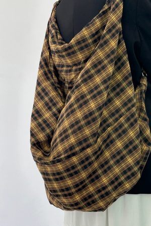 Retro Yellow Checkered Slouchy Tote Bag - Large Capacity Shoulder Crossbody Canvas Backpack in Lazy Style