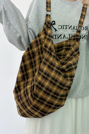 Retro Yellow Checkered Slouchy Tote Bag - Large Capacity Shoulder Crossbody Canvas Backpack in Lazy Style