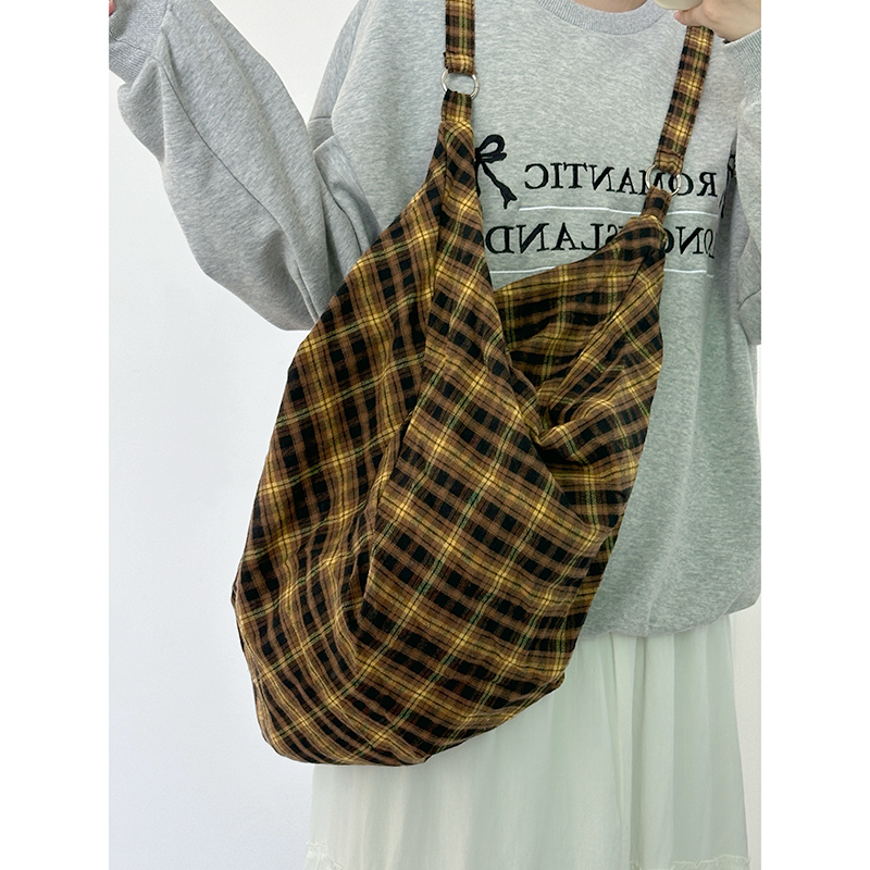 Retro Yellow Checkered Slouchy Tote Bag - Large Capacity Shoulder Crossbody Canvas Backpack in Lazy Style Retro Yellow Checkered Slouchy Tote Bag - Large Capacity Shoulder Crossbody Canvas Backpack in Lazy Style