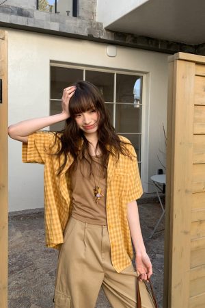 Retro Yellow Plaid Lapel Short Sleeve Shirt for Women - Summer 2025 Simple Commuting Versatile Top in 90s Style
